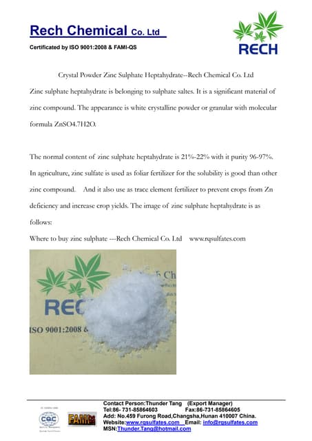 Image of zinc sulfate monohydrate granulae 33% -rech chemical co. ltd | PDF