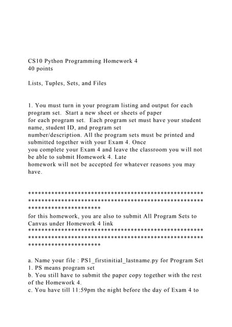 CS10 Python Programming Homework 4 40 points Lists, Tupl.docx