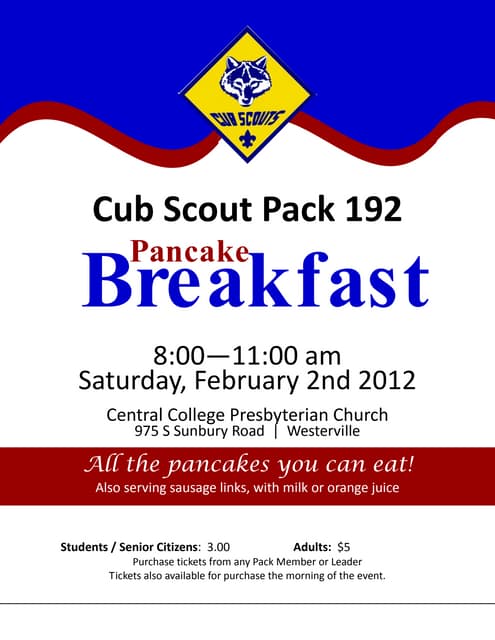 cub scout pack 192 westerville oh pancake flyer february 8 2014 pancake breakfast flyer cub scouts