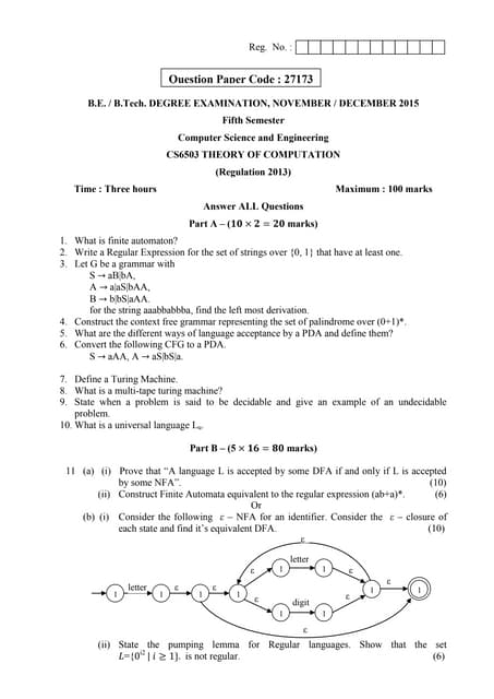 Cs6503 theory of computation november december 2015  be cse anna university q...