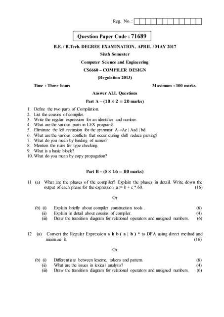 Cs6660 compiler design may june 2017  answer key