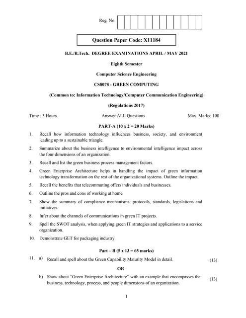 CS8078-Green Computing Question Bank