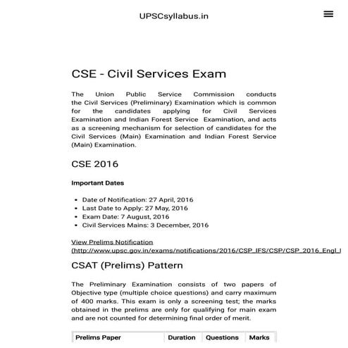 Cse   civil services exam - 2016-2017   ups-csyllabus