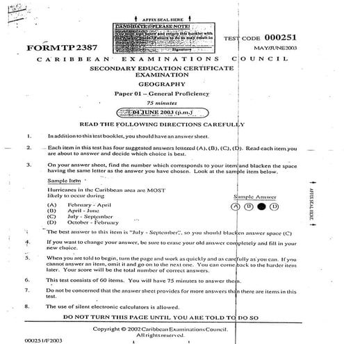CSEC GEOGRAPHY PAPER 1- 2003