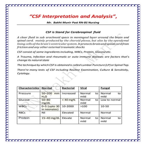 Cerebrospinal fluid (CSF) Interpretation & Analysis
