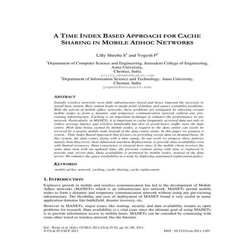 A TIME INDEX BASED APPROACH FOR CACHE SHARING IN MOBILE ADHOC NETWORKS 