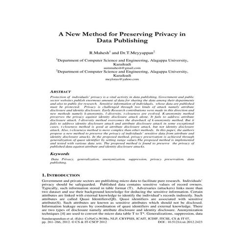 A New Method for Preserving Privacy in Data Publishing