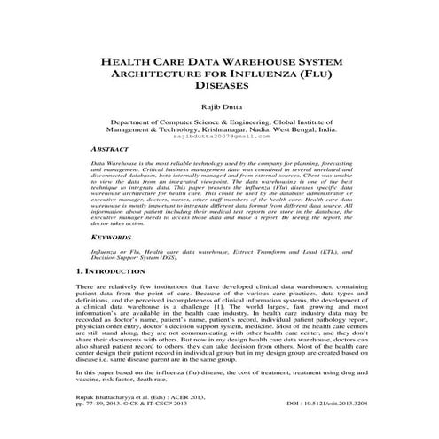 HEALTH CARE DATA WAREHOUSE SYSTEM ARCHITECTURE FOR INFLUENZA (FLU) DISEASES 