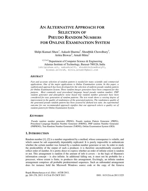 AN ALTERNATIVE APPROACH FOR SELECTION OF PSEUDO RANDOM NUMBERS FOR ONLINE EXA...