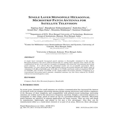 SINGLE LAYER MONOPOLE HEXAGONAL MICROSTRIP PATCH ANTENNA FOR SATELLITE TELEVI...
