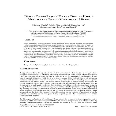 NOVEL BAND-REJECT FILTER DESIGN USING MULTILAYER BRAGG MIRROR AT 1550 NM