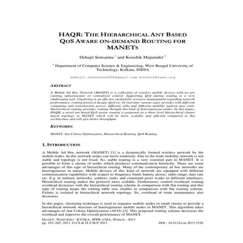 HAQR: THE HIERARCHICAL ANT BASED QOS AWARE ON-DEMAND ROUTING FOR MANETS