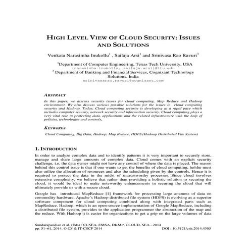 HIGH LEVEL VIEW OF CLOUD SECURITY: ISSUES AND SOLUTIONS