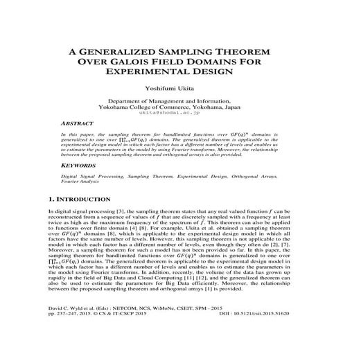 A Generalized Sampling Theorem Over Galois Field Domains for Experimental Des...