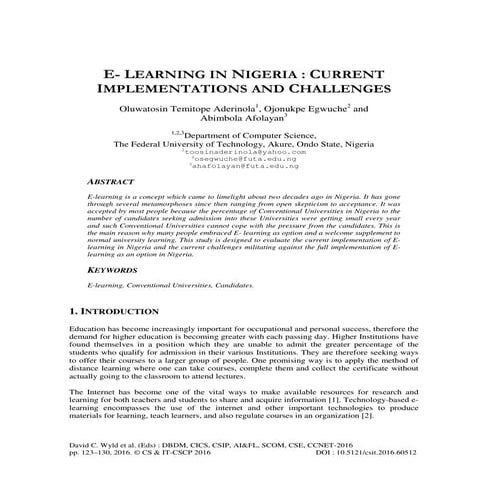 E- LEARNING IN NIGERIA : CURRENT IMPLEMENTATIONS AND CHALLENGES