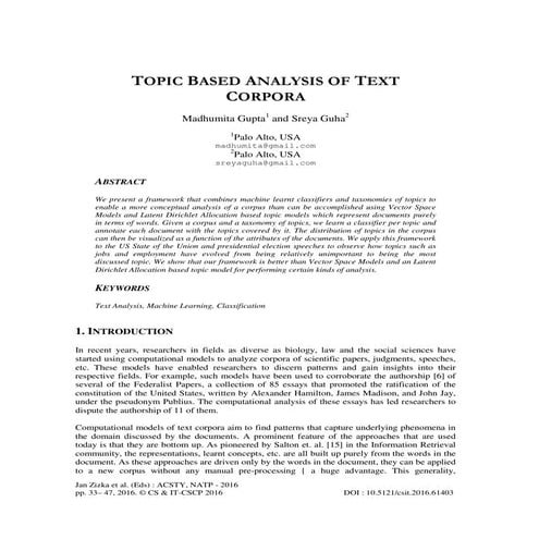 TOPIC BASED ANALYSIS OF TEXT CORPORA