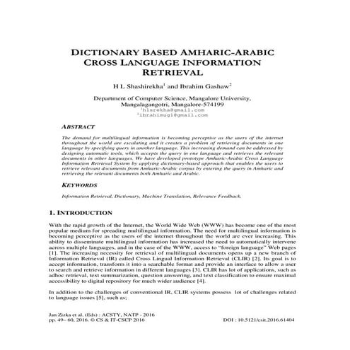 DICTIONARY BASED AMHARIC-ARABIC CROSS LANGUAGE INFORMATION RETRIEVAL