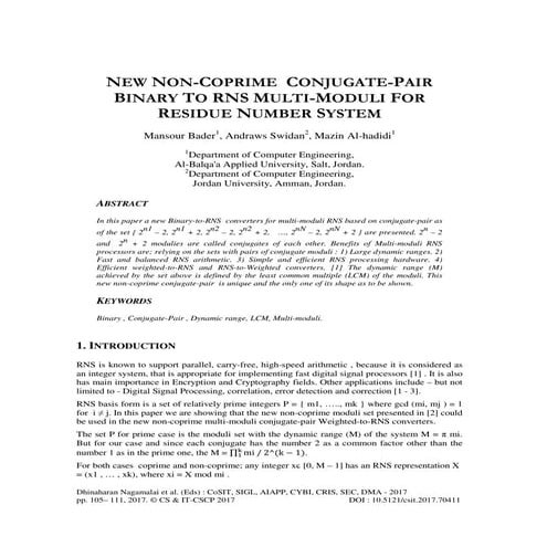 NEW NON-COPRIME CONJUGATE-PAIR BINARY TO RNS MULTI-MODULI FOR RESIDUE NUMBER ...