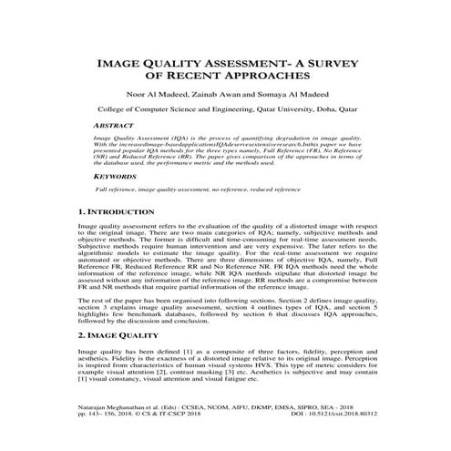 IMAGE QUALITY ASSESSMENT- A SURVEY OF RECENT APPROACHES 