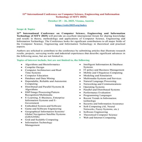 11th International Conference on Computer Science, Engineering and Information Technology (CSITY 2025)
