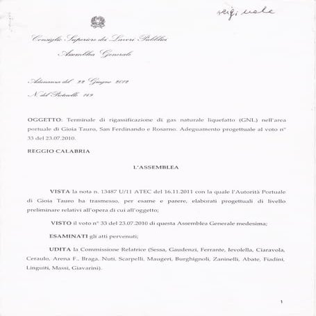 Parere 2012 del Consiglio Superiore dei Lavori Pubblici sul rigassificatore di S. F. - G. T. - Rosarno