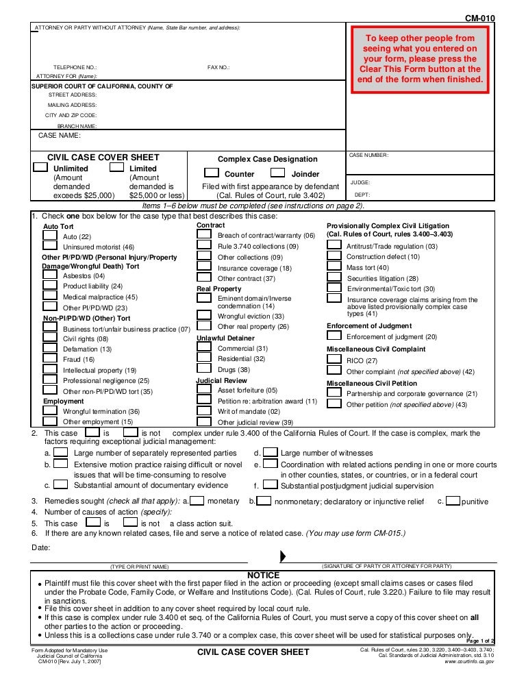 civil cover sheet california