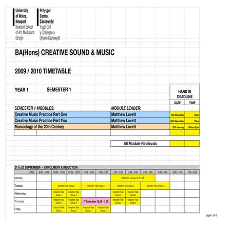 Creative Sound and Music Timetable Semester 1 | PDF