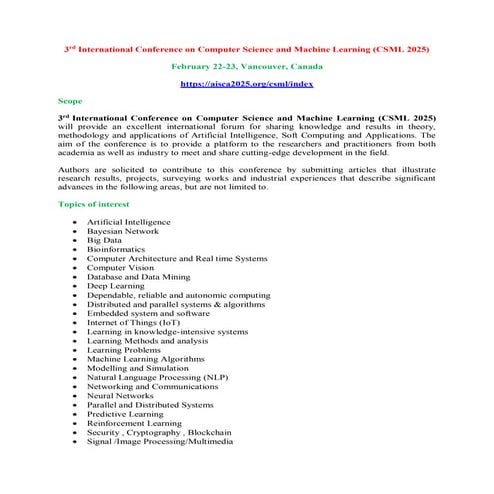 4th International Conference on Computer Science and Machine Learning ...
