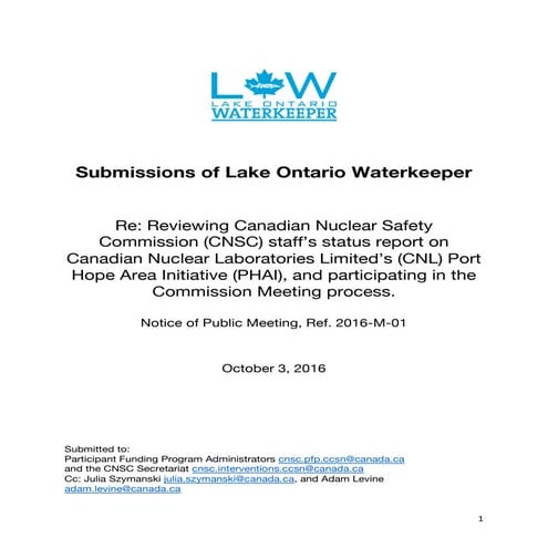 Submission of Lake Ontario Waterkeeper - Reviewing Canadian Nuclear Safety Co...