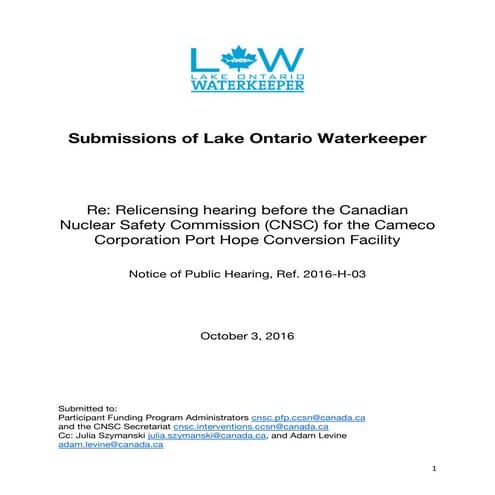Submission of Lake Ontario Waterkeeper - Relicensing hearing before the Canad...