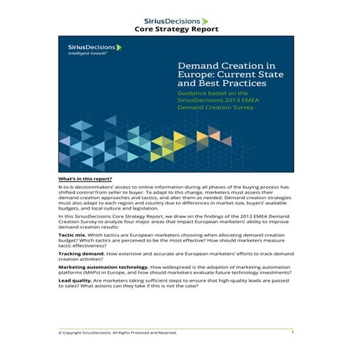 Lead gen and demand creation in europe full report - sirius decisions
