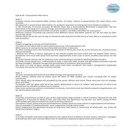 CSR & HR – Presentation Pr. Wes Harry  (TEXT)
