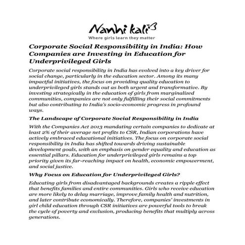 CSR in India How Companies are Investing in Education for Underprivileged Gir...
