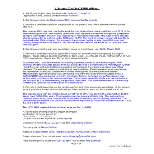 ASQ CSSBB Affidavit Example
