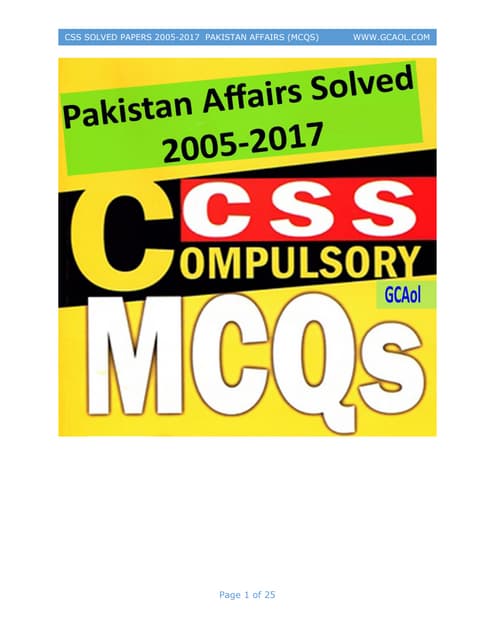 Css solved papers 2005 2017  (pakistan affairs mcqs)