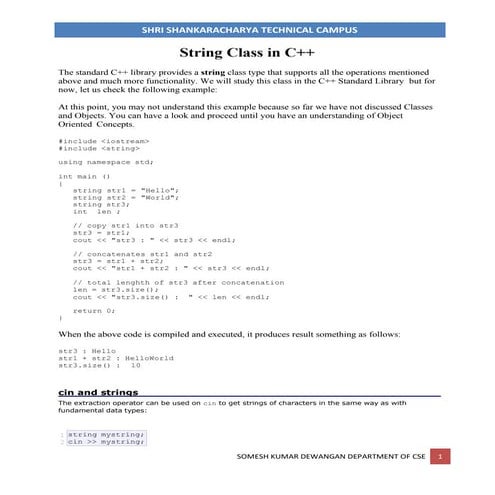 String class and function for b.tech iii year students | PDF