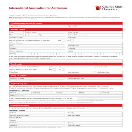 Charles Sturt University Csu study centre application form 250215