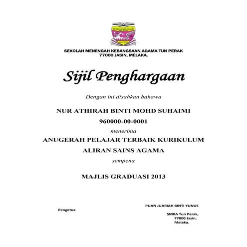 Sijil Anugerah Pelajar Terbaik Majlis Graduasi