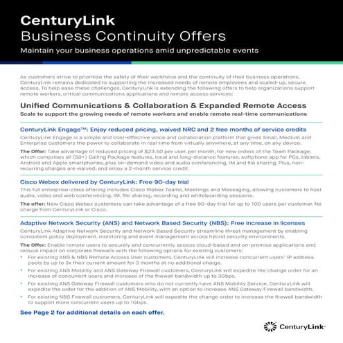 CenturyLink Business Continuity Offers 