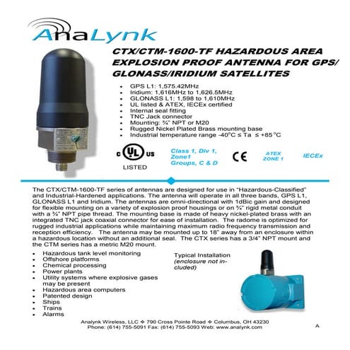 Hazardous Area Explosion Proof Antenna for GLONASS, GPS, and IRIDIUM