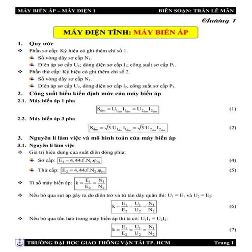 Công thức Máy điện 1 - Chương 2 - Máy biến áp