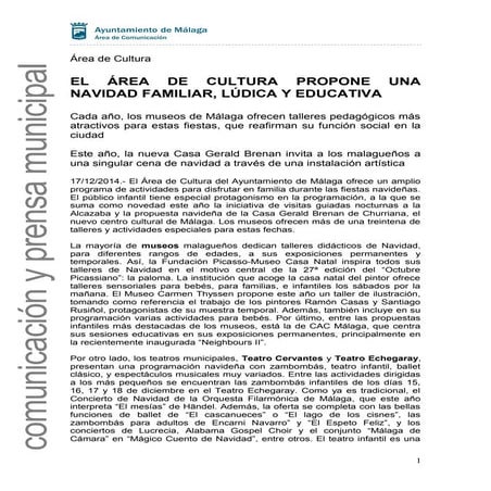 PROGRAMACIÓN NAVIDAD 2014 ÁREA DE CULTURA DEL AYUNTAMIENTO DE MÁLAGA