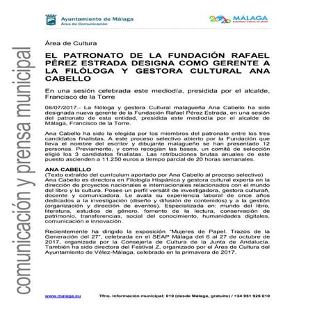 EL PATRONATO DE LA FUNDACIÓN RAFAEL PÉREZ ESTRADA DESIGNA COMO GERENTE A LA F...