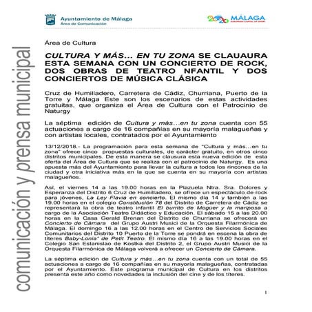 CULTURA Y MÁS… EN TU ZONA SE CLAUAURA ESTA SEMANA CON UN CONCIERTO DE ROCK, D...