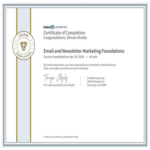 Certificate of completion of email and newsletter marketing foundations