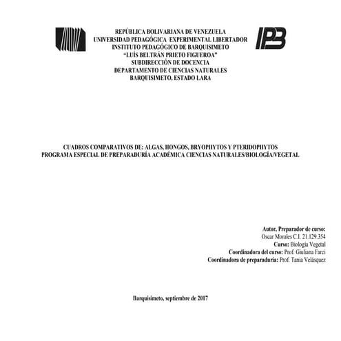 Cuadro comparativo de algas, hongos, bryophytos y pteridophytos