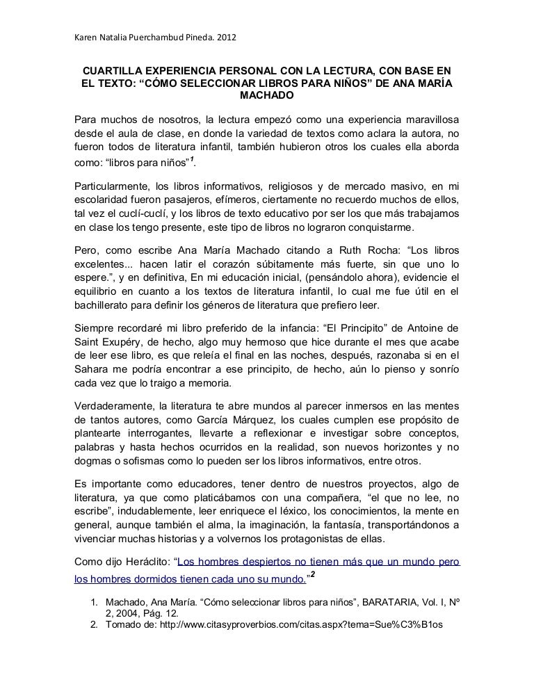 Cuartilla experiencia personal con la lectura