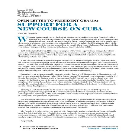 Open Letter to President Obama: Support for a New Course in Cuba