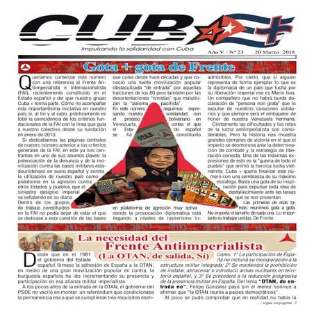 REVISTA CUBA+ Nº 23  MARZO 2018 IMPULSANDO LA SOLIDARIDAD CON CUBA.