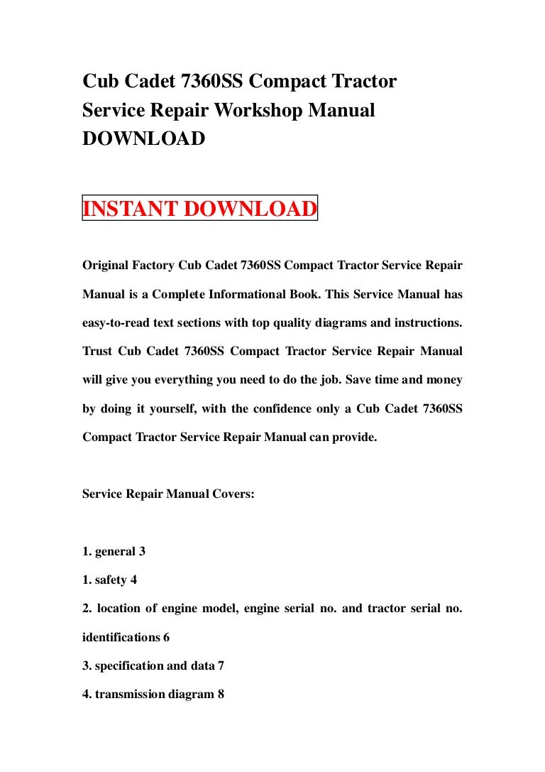 Cub Cadet 7000 Series Compact Tractor Service Repair Workshop Manual